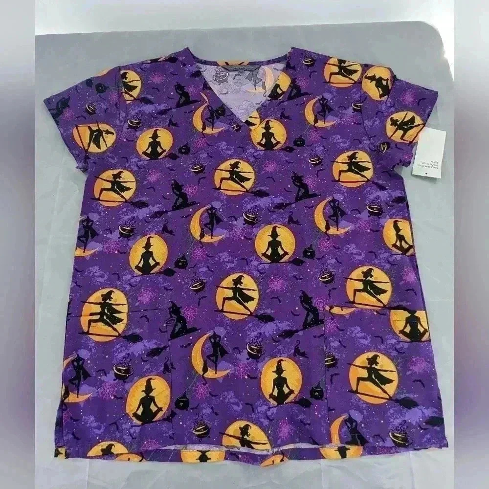 Halloween Purple Witch And Moon Scrub Top Size Large